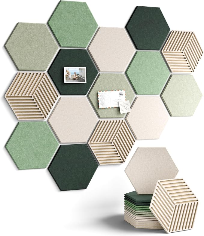 Fluxynara 15-Pack Hexagon Felt Bulletin Board Tiles, Sagewood | Cork Board Alternative with 70 Adhesive Tabs for Vision Boards and Wall Decor in Homes, Offices, Classrooms, and Dorms