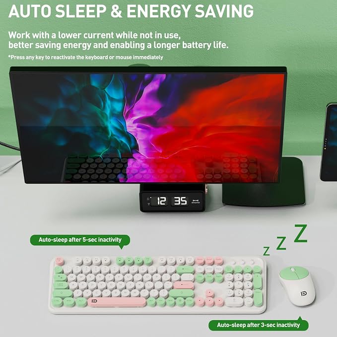 2.4GHz Wireless Keyboard and Mouse Set with Switch Button - Full-Size Keyboard - Compatible for Windows/Laptop/PC/Notebook/Smart TV and More - White Green