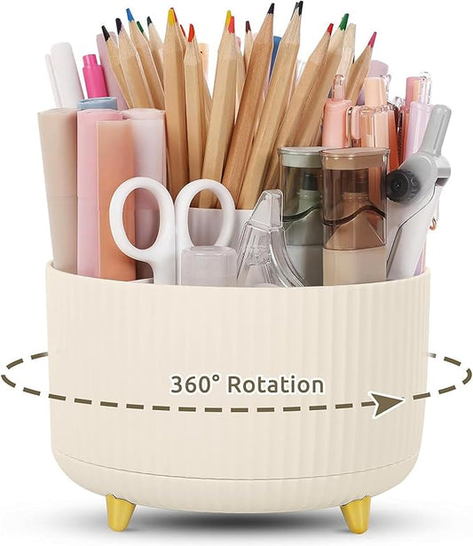 Pencil Pen Holder for Desk, 5 Slots 360 - Degree Rotating Desktop Organizer, Cute Desk Organizers and Accessories for School, Home, Office and Art Supply, Beige