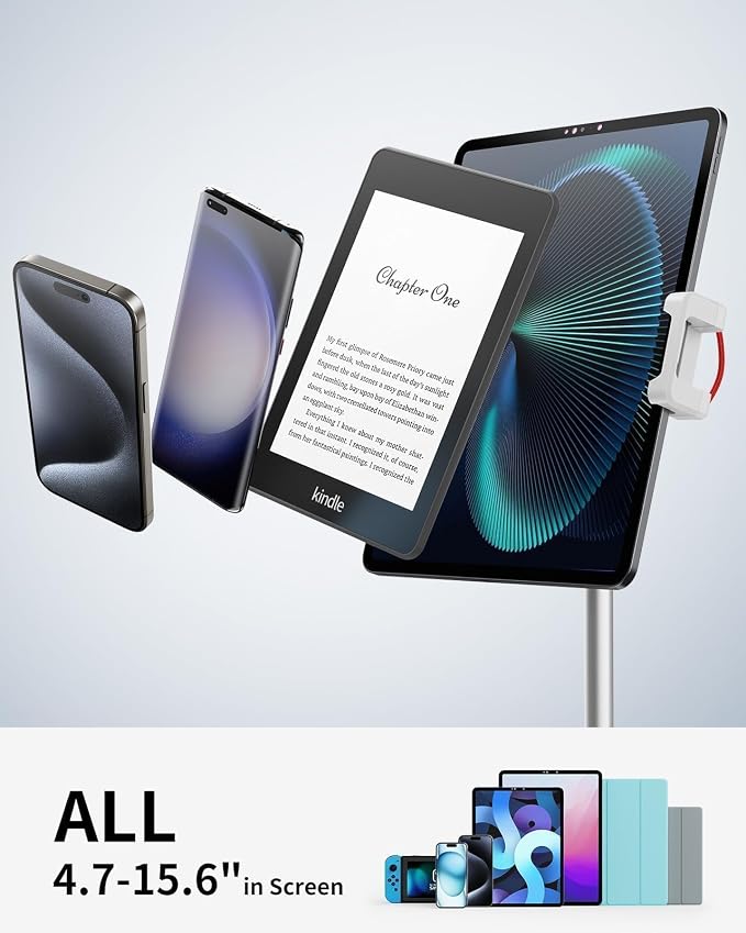 SAIJI iPad Stand for Desk - Height Adjustable & Weighted Base Phone Holder | Aluminum Stand with a 360° Rotating Clamp, Extra Tall, for iPad Air/Pro iPhone & Portable Monitor, Fits 4.7"–15.6" Screens