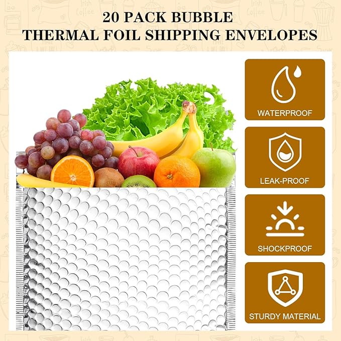 20 Pack Thermal Bubble Mailer, 9" x 11" Insulated Metallic Bubble Mailers, Self-adhesive Foil Mailing Envelopes for Cold Shipping Waterproof Shipping Envelopes for food, Cosmetics