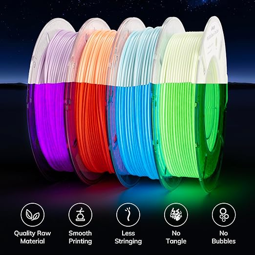 AMOLEN Silk Glow in The Dark Filament Multicolor, Glow Filament Silk Green, Blue, Purple, Orange Red 1.75mm PLA Filament, Dimensional Accuracy +/- 0.02 mm, 200g X 4 Pack
