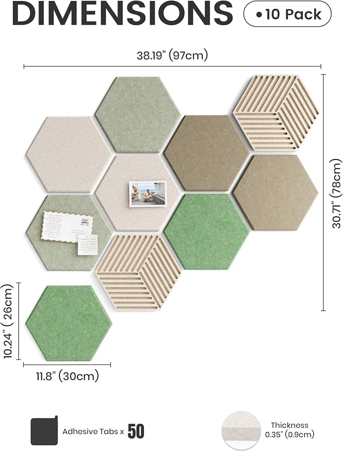 Fluxynara 10-Pack Hexagon Cork Board Alternative, Moss Haven | Felt Bulletin Board with 50 Adhesive Tabs, Ideal for Vision Boards and Wall Decor in Homes, Offices, Classrooms, and Dorms