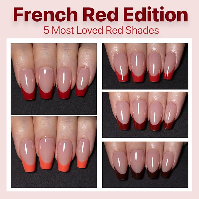 SXC Cosmetics French Tip Press On Nails 150 Pieces in 15 Sizes Ultra Fit with Pre-applied Tip Primer and Base Coat, No Need to File Fake Nails for Nail Art DIY X-Pro Tips (5RED119-S Coffin)