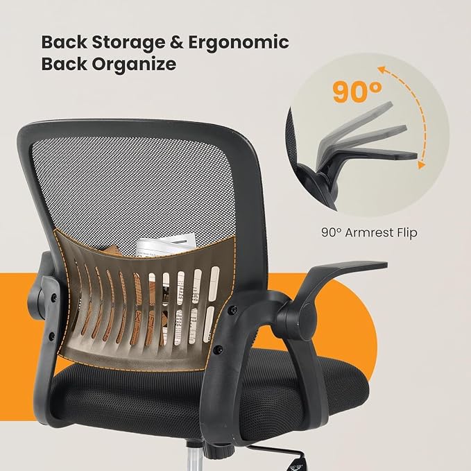 Sweetcrispy Computer Desk Chair, Home Office Chair, Lumbar Support, Black | Flip Up Armrest, Adjustable Height, 360° Swivel Wheels, Ergonomic Mesh Mid-Back, Comfy Arms Bedroom Study
