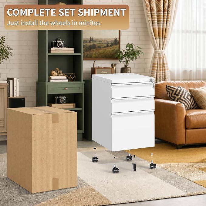 3 Drawer Small Under Desk Rolling File Cabinet with Lock for Home Office | Fully Assembled,Central Locking System,Metal,Pencil Tray,Hanging File Bar,Anti-Tipping Caster