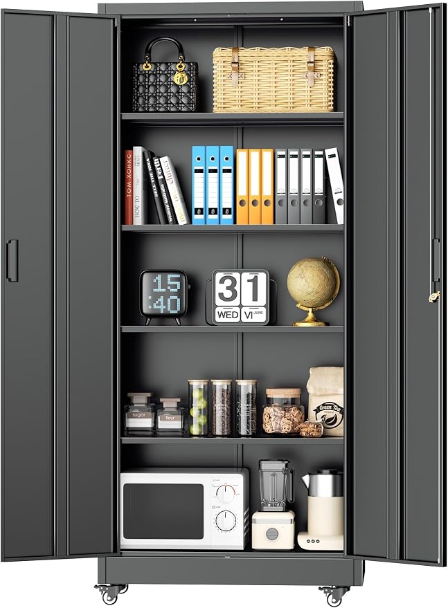 Metal Storage Cabinet with Wheels, 73" Rolling Storage Cabinets with Door and 4 Shelves, Tall Storage Cabinets Locker on Caster for Home, Office, Black