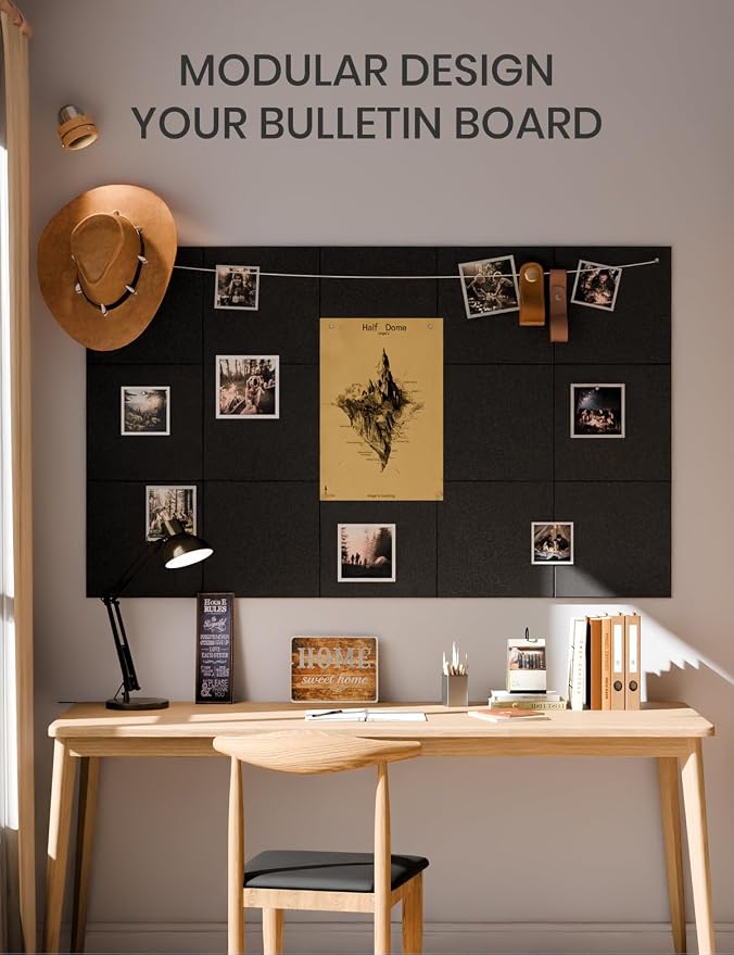 Fluxynara Felt Bulletin Board & Cork Board Alternative, Black | 36" x 24" Pin board, Removable Adhesive Tabs, Easy Install Without Wall Damage, For Home Office Decor