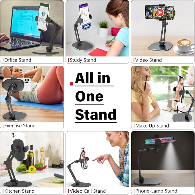 APPS2Car Phone Stand for Desk, Adjustable Cell Phone Holder for Office | Triple-Clamp Phone Holder, Height-Adjustable Folding Arm, 360° Rotation, Anti-Slip Base, Fits Cases up to 20mm