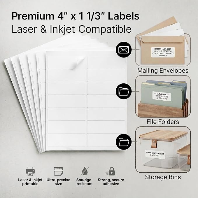 4" X 1.33" Matte White Printable Address Labels (100 Sheets, 1400 Stickers) Mailing Labels for Envelopes, File Folder Stickers for Laser & Inkjet Printers - Spartan Industrial Template R018