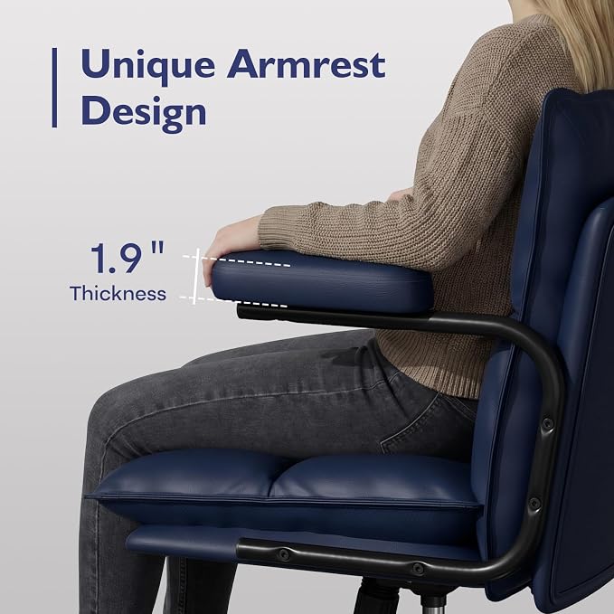 Mid Century Modern Desk Chair, Vintage Leather Office Chair, Blue | Petite Computer Chair for Small to Medium Women, Thickened Back, Cozy Seat, Adjustable Height for Home