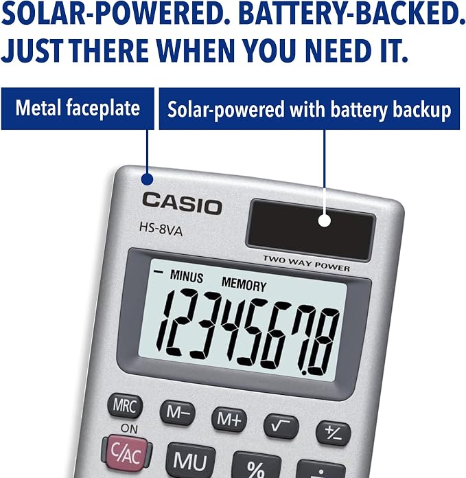 Casio HS-8VA Mini 6-Function Calculator | Large 8-digit LCD, solar with battery backup, portable pocket size standard function