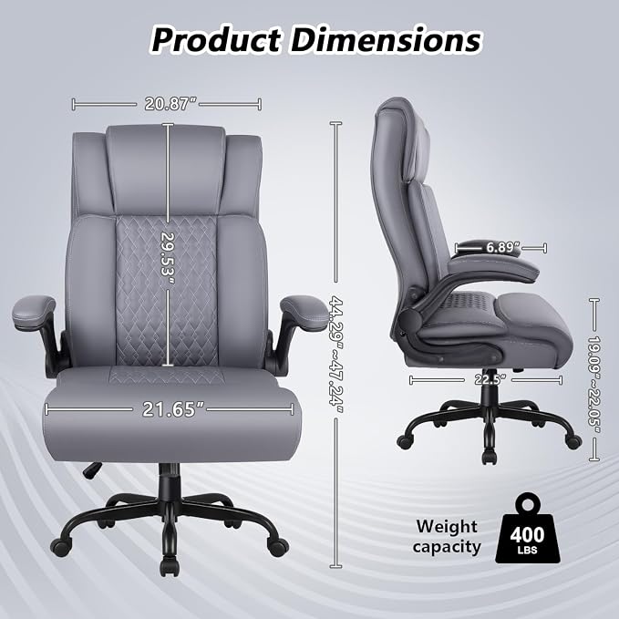 Office Chair, 400LBS Heavy Duty Big and Tall Executive Office Desk Chair with Flip-up Arms, Ergonomic High Back Office Chairs with Lumbar Support, PU Leather, Grey