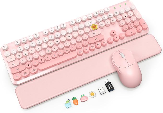 Wireless Keyboard and Mouse Combo, Magnetic Soft-Touch Wrist Rest, Pink | Round Keycaps, Full-Size Typewriter Style, 2.4GHz Cordless for MacOS, Windows PC, Laptop, Blush Pink Ombre, SABLUTE CK23 Plus