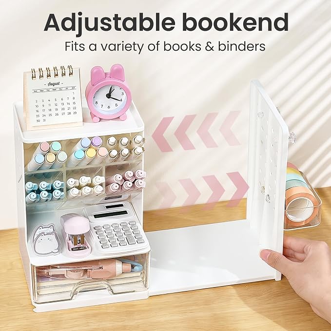 Sooez Desk Organizer with Bookends, Pegboard & Drawer, Pen & Pencil Holder | Desk Accessories with 5 Compartments, Teacher School Office Supplies, Dorm Room Organization Storage for Sticky Notes, Black