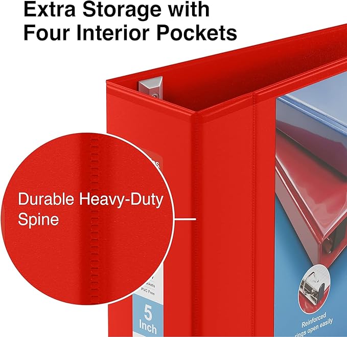 Staples Heavy-Duty 5-Inch D-Ring View Binder, Extra Large Capacity Holds Up to 1,000 Sheets, Red, for Office & Archiving