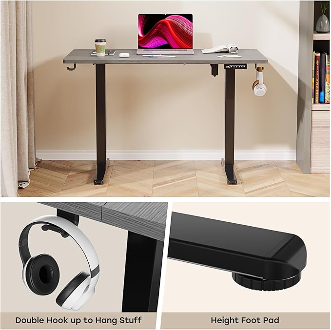 Grey Standing Desk, 48 X 24 Inch Adjustable Height Electric Table, Sit Stand Desk with 2 Hooks, Ergonomic Rising Workstation with Splice Board
