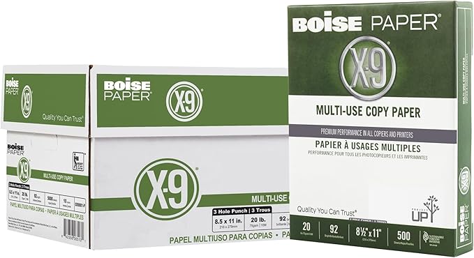 Boise Paper X-9 Multi-Use 3-Hole Punch Copy Paper – 10 Ream (5,000 Sheets) | 8.5" x 11" Letter | 92 Bright White - 20 lb. | OX-9001P-CTN