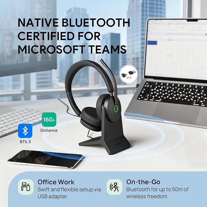 Yealink BH74 AI ANC Wireless Headset with Mic for Work with Charging Dock | 6 Hybrid ANC Mic Clear Call,Bluetooth Headset for Open Office Hybrid Work,Flip to Mute&32H Battery Life,UC Compatible,USB C/A