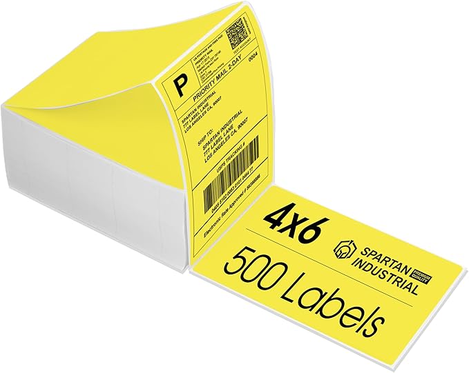 Spartan Industrial - 4" X 6" Yellow Direct Thermal Fanfold Labels (500 Count, 1 Stack) - Printable Postage Shipping Labels, Package Identification - Compatible with Zebra and Rollo Printers