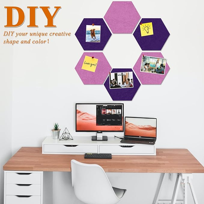 Large Hexagon Felt Cork Board Tiles, Self Adhesive DIY Felt Bulletin Board Pin Board with 35 Pushpins for Office School Home Wall Decor(Purple+Light Purple)