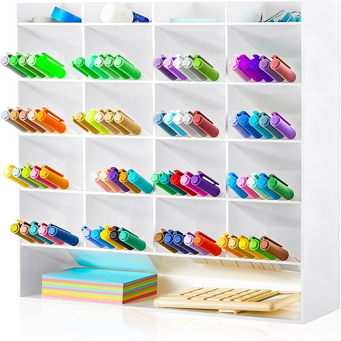 MotiMind Acrylic Pen Organizer Storage for 250 Markers Vertical Marker Organizer Acrylic Pen Display Holder for Office Desk Desktop Stationery Pencil Storage, White, 13 x 4 x 12.4 Inch