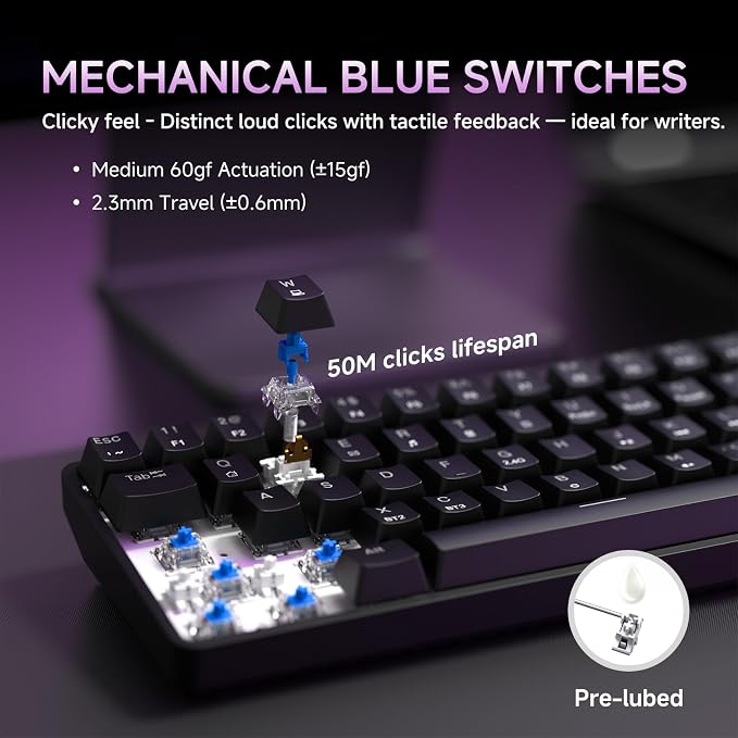 DIERYA DK68 60% Wireless Mechanical Gaming Keyboard, 3-Mode, Bluetooth 5.0/2.4G/USB-C, RGB Backlit, 68-Key Compact Mini for Windows, Mac, Linux - Clicky Blue Switch - Black