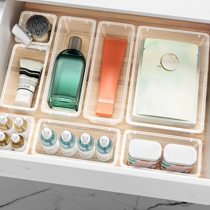 12 PCS Drawer Organizer Set, Makeup Organizers, Tool Storage Trays | 4 Sizes, Plastic, Stackable, Multiple Gadgets, Desk Drawer Divider Organizers, for Makeup, Office Supplies Storage