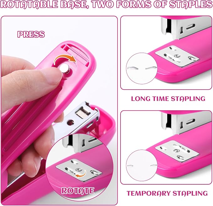 Hot Pink Desk Accessory Kit Cute Office Supplies Set Desktop Stapler Set Includes Staple Remover Hole Punch Tape Dispenser Ballpoint Pen Scissor Mini Box Cutter Tape Measure Paper Clips Sticky Notes