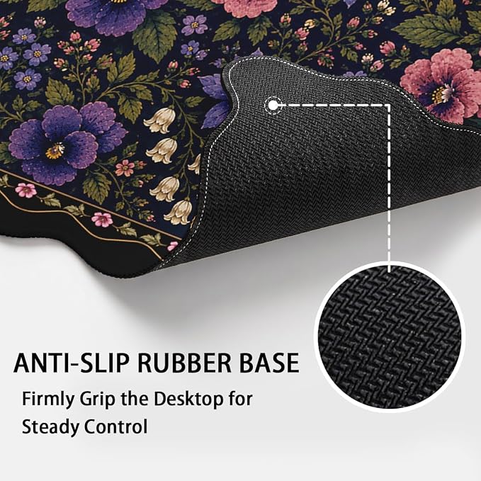 Dark Floral Scalloped Mouse Pad Black Blue Blush Garden Flowers Large Gaming with Stitched Edges,Non-Slip Waterproof Rubber Base Mous Mat Office Computer Keyboard Laptop Home 31.5"x15.7"