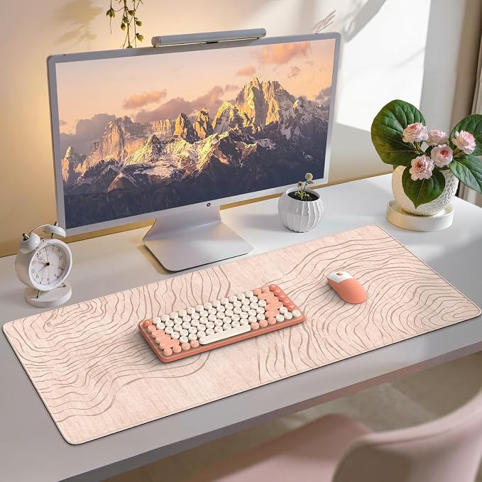 iCasso Big Mouse Pad,Aesthetic Desk Cover Mat for Desktop,Beige | Anti-Slip Computer Mat with Stitched Edges,Cute Keyboard Mat for Women,Extended Long Desk Protector for Office Home