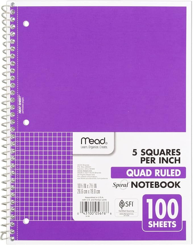 Mead Spiral Notebook, 1 Subject, Graph Ruled Paper, 7-1/2" x 10-1/2", 100 Sheets, Amethyst Purple (05676BA7)