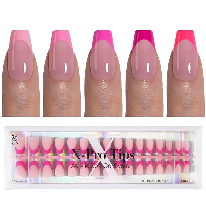 SXC Cosmetics French Tip Press On Nails 150 Pieces in 15 Sizes Ultra Fit with Pre-applied Tip Primer and Base Coat, No Need to File Fake Nails for Nail Art DIY X-Pro Tips (5PINK119-S Coffin)