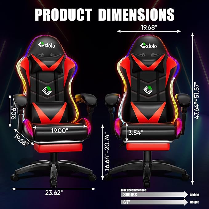 Gaming Chair, RGB LED Lights Computer Chair with Footrest, Lumbar Support Massager Gamer Chair, High Back, 90-135° Reclining, Linkage Armrests, Red