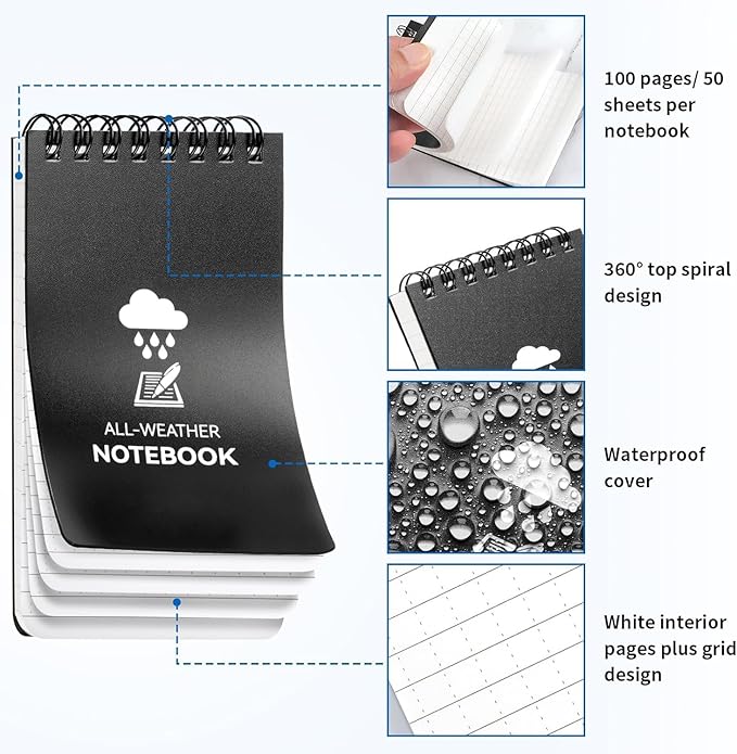 6 Pack Waterproof Notebook, 3 x 5 Pocket Notepad, Top-Spiral Weatherproof NotePad, All Weather Police Pocket Notebook Little Memo Steno Note Pads for Outdoor Office School Recording
