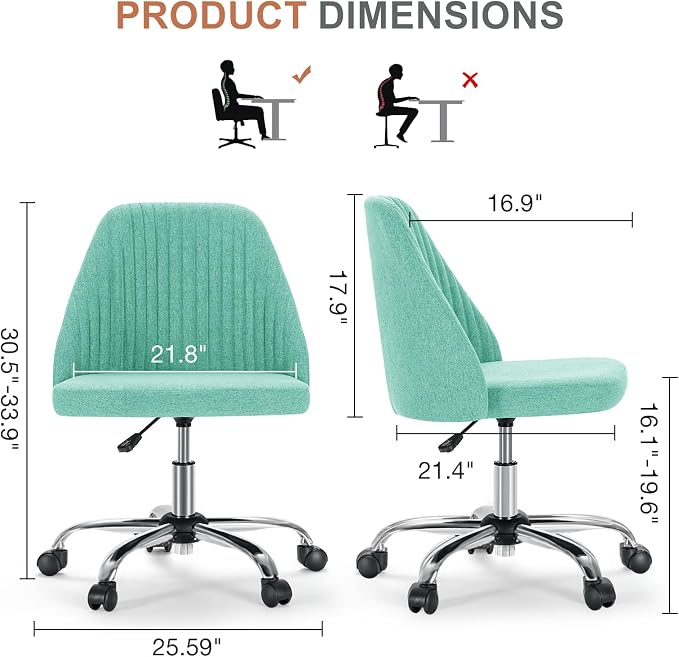 DUMOS Home Office Chair, Comfy Desk Chair with Rolling Wheels | Armless Height Adjustable, Wide Seating, Vanity Swivel Task, Bedroom Student Adults, Aqua