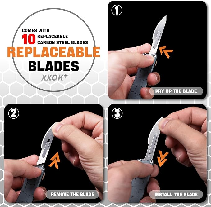 XXOK Utility knife with clip retractable box cutter EDC knife with 10 razors small Pocket knives with sharp carbon steel replacement blade # 24 Grey