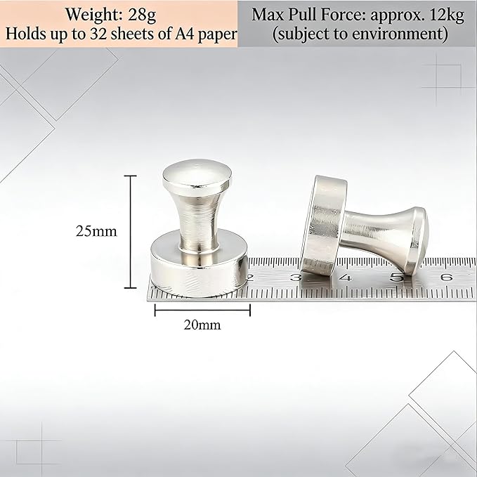 Strong Fridge Magnets, 10 Pcs, 25 x 30mm, Silver, Heavy Duty Magnetic Push Pins for Refrigerator, Whiteboard, Office, Classroom, Kitchen & Locker Decor
