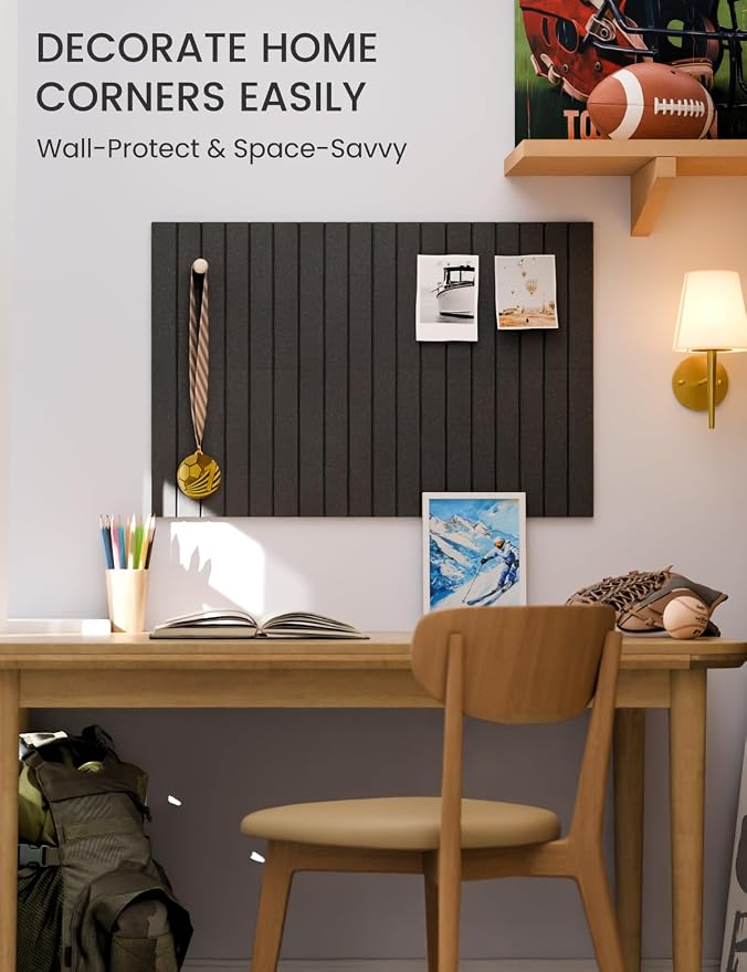 28" x 18" Felt Bulletin Board Tiles, Fine Stripe, Charcoal Gray | 6-Pack Cork Board Alternative, 30 Adhesive Tabs, Push Pin Board, Wall Decor, Office, Home, Classroom, Dorm