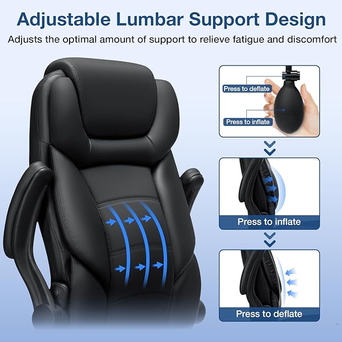 450lbs Executive Office Chair with Inflatable Lumbar Support, Heavy Duty Office Chair for Heavy People, Big and Tall Ergonomic Comfy Chair with Flip-Up Armrests, Breathable PU Leather (Black)