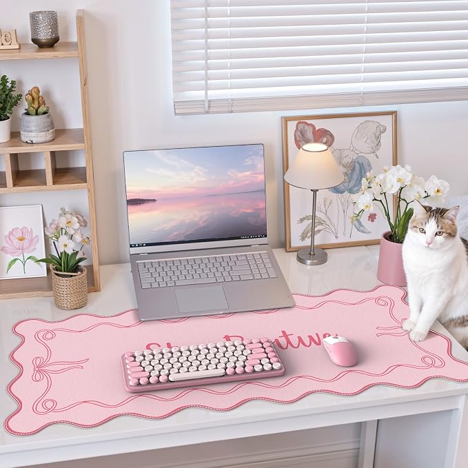 iCasso Pink Mouse Pad, Scalloped Desk Cover Mat, Leather Waterproof Desk Pad Mat for Desktop Protector, Non-Slip XXL Big Mousepad for Computer Keyboard Office Dorm Desk -Stay Positive