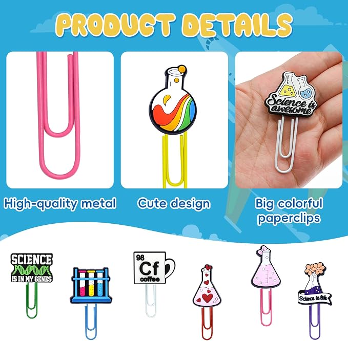 30 PCS Science Paper Clips Metal Paperclip Large Size Paper Clip Cute Bookmark Colorful Office Supplies Bookmark Clamp Desk Accessories Stationery Gifts