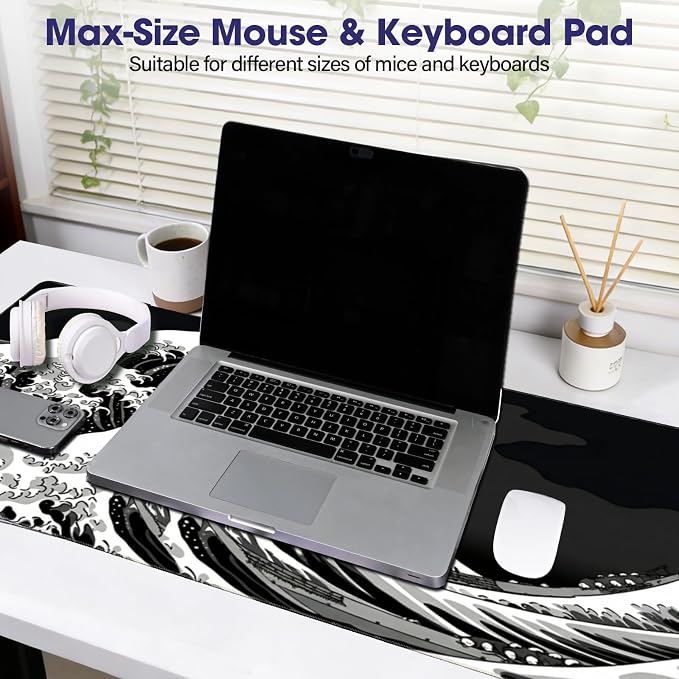 Large Extended Mouse Pad with Stitched Edges 35.4"x15.7" - Waterproof Desk Mat, Non-Slip Rubber Base for All-Desk Coverage, Perfect for Gaming Office Home, White Wave