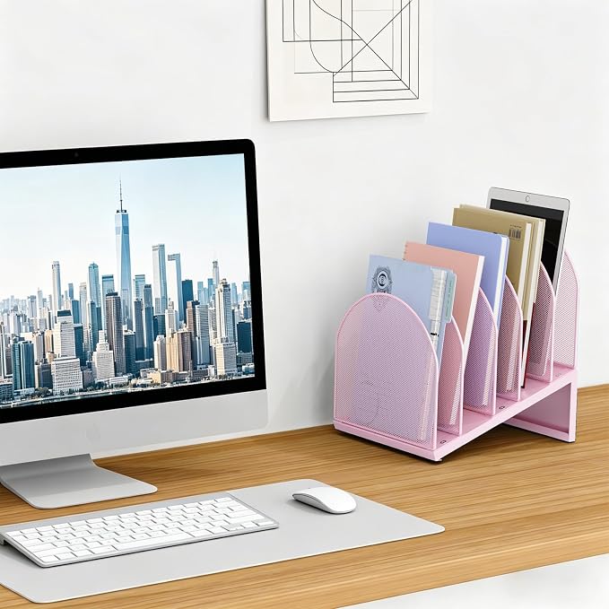gianotter Desktop File Organizer with 5 Compartments | Desk Organizer Paper Organizer for Desk Workspace Organizers for Office Supplies (Pink, Inclined Style)
