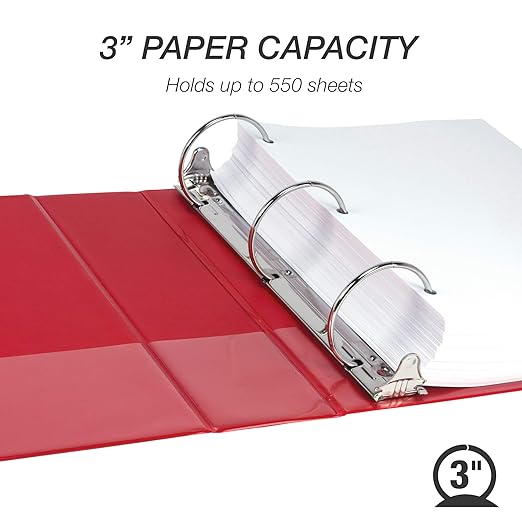 Samsill 3 Inch 3 Ring Binder, Economy Round Ring, Clear View Cover, 550 Sheet Capacity - for School, Home, Office - Ruby Red