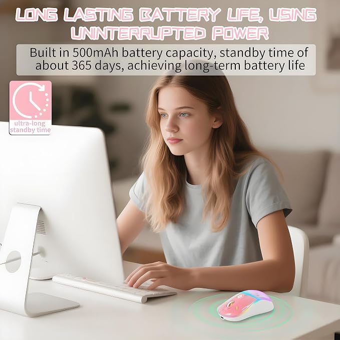 elec Space Cute Wireless Bluetooth Mouse - Rechargeable Silent Mouse with Magnetic Sand Cover, 3 Mode Connectivity, RGB Lighting, Ergonomic Design for Home, Office & School Use (Pink)
