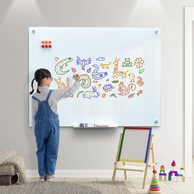 MaxGear 48" x 36" Glass Whiteboard Wall Mounted for Office Home Classroom | Magnetic Glass Dry Erase Board, Tempered Glass, Steel Backed, Non-Porous Surface, Frameless Design, Hardware Included