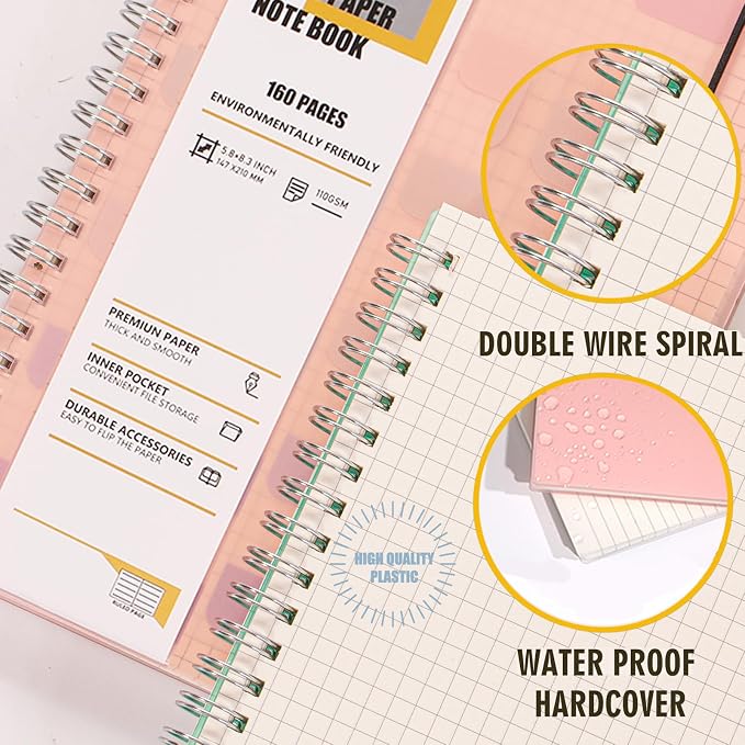 OWSC 4 Pack Graph Spiral Notebook, Hardcover Notebooks for Work A5 Graph | 5.9 x 8.3 IN Notebooks College Ruled for Note Taking, School and Journal with 80 Sheets/160 Pages 110 GSM Thick Papers