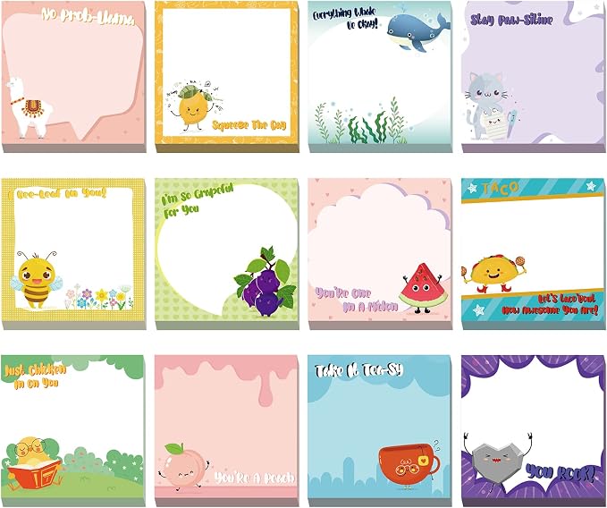 12 Pcs Fun Inspirational Sticky Notes 3 x 3 Inch Motivational Notepads Cute Post Positive Appreciation Sticky Notes Positive Gifts for Teacher Nurse Coworkers Studying Supplies(Vivid Style)