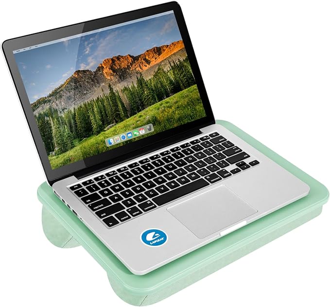 LAPGEAR Compact Lap Desk – Sage Green, Fits 14" Laptops | Microbead Cushion, Built-In Pencil Slot, Carry Handle, Fits Standard Letter-Size Paper (8.5" × 11")